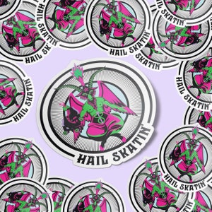 Sticker featuring a rollerskating goat figure inspired by Baphomet, holding a roller skate. The text 'Hail Skatin' appears below, blending rebellious skate culture with occult symbolism in a bold and edgy style.