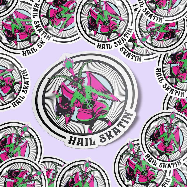 Sticker featuring a rollerskating goat figure inspired by Baphomet, holding a roller skate. The text 'Hail Skatin' appears below, blending rebellious skate culture with occult symbolism in a bold and edgy style.