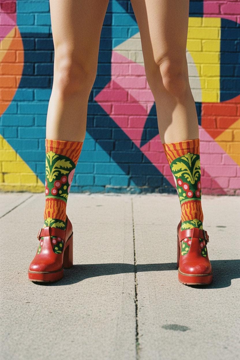 Retro Maximalist Crew Socks, Funky 70s Botanical Print Hosiery, Quirky Dopamine Fashion Accessories, Fun Novelty Gifts for Best Friend