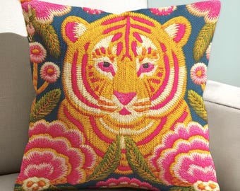 Maximalist Junglecore Tiger Pillow Cover: Whimsigoth Botanical Cushion for Eclectic Dopamine Home