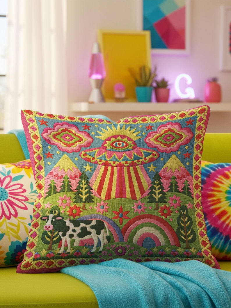 Description of a square throw pillow with a vibrant maximalist alien design. A central UFO with a large all-seeing eye hovers above a landscape with two rainbows, pink mountains, and green pine trees. A black and white spotted cow stands in the foreground. The design is a high-contrast palette of sky blue, magenta, hot pink, and meadow green. The pillow has a faux-embroidery 2D print finish on linen-feel fabric, framed by a yellow and pink scalloped floral border.