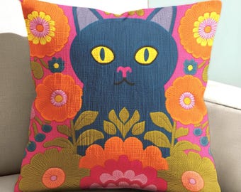Retro 70s Floral Black Cat Pillow Cover: Maximalist Decor with Vintage Flower Power