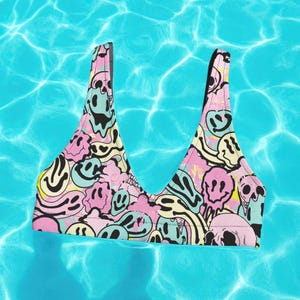 Skull Smiling Emoji Face Bralette Top, 90s Grunge Psychedelic Print Swimwear, Melting Skull Bikini Top, Retro Alternative Festival Bralette