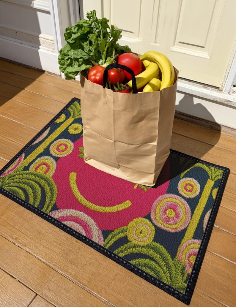A rectangular doormat featuring a large hot pink smiley face on a deep teal background. The smiley face has green cannabis leaves for eyes and a yellow stitched-style smile. The central face is surrounded by stylized green foliage arches and concentric circles in pink, yellow, and white, resembling abstract flowers. The design mimics a vintage needlepoint or tapestry texture but is a flat print. The mat has a solid black trim border.
