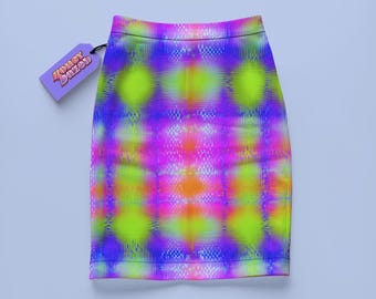 Minifalda a cuadros neón estilo Y2K con efecto glitch en estilo vaporwave - Falda punk ciberpunk para festivales, raves o fiestas.