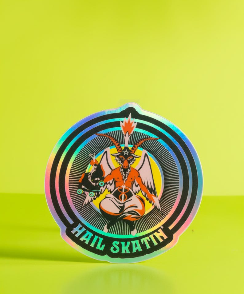 Vibrant 'Hail Skatin'' sticker featuring a colorful goat demon with roller skates, embodying a quirky mix of satanic and skate culture. Perfect for adding some edgy flair to your belongings.