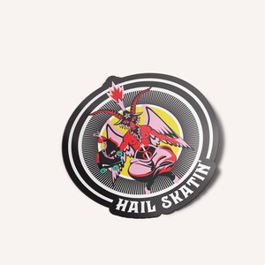 Sticker featuring a rollerskating goat figure inspired by Baphomet, holding a roller skate. The text 'Hail Skatin' appears below, blending rebellious skate culture with occult symbolism in a bold and edgy style.