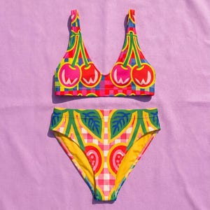 Maximalist Cherry Gingham Bikini, Retro Pop Art Two Piece Swimsuit, Dopamine Dressing Summer Vacation Outfit, Fun Beach Apparel