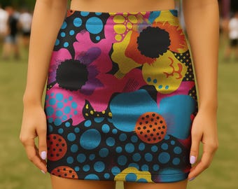 Abstract Floral Maximalist Mini Skirt, Retro Pop Art Bodycon Pencil Skirt, Y2K Festival Rave Wear for Bold, Colorful Summer Fashion
