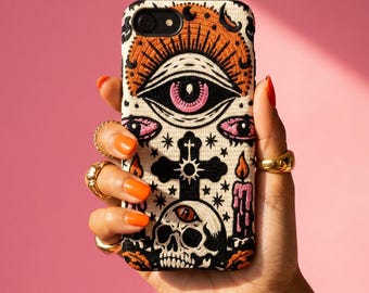 Gothic Faux Crochet Phone Case - Whimsigoth Evil Eye Skull Cover