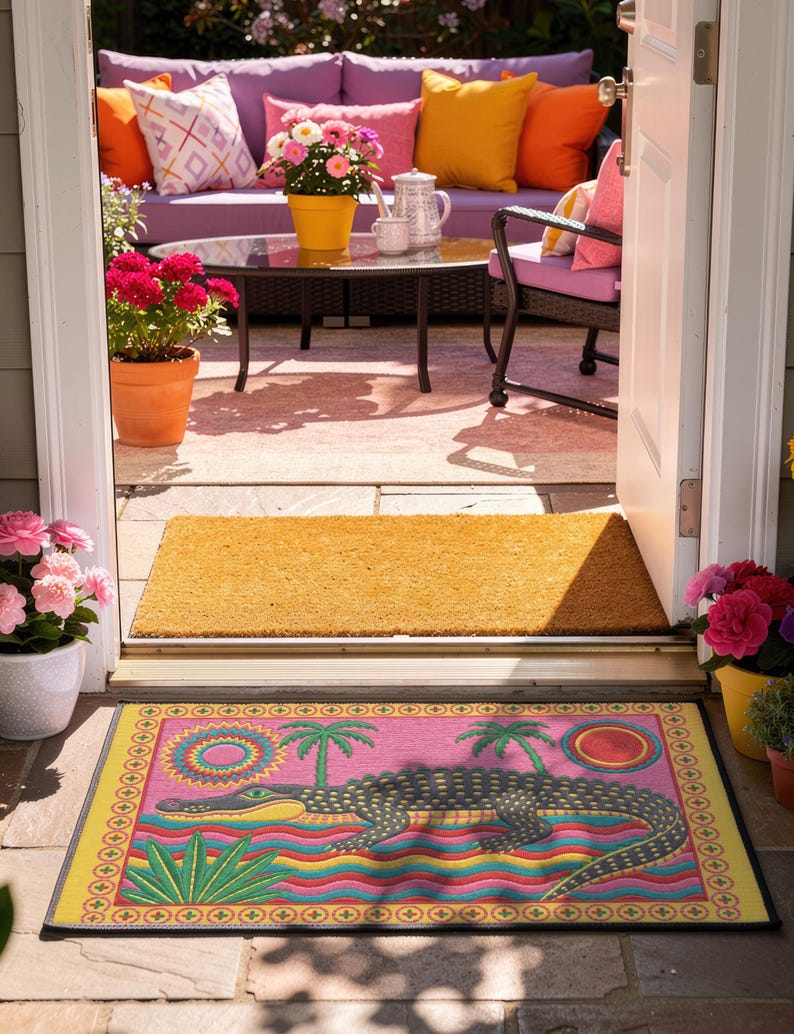 A rectangular doormat featuring a colorful 2D flat print designed to mimic raised, textured yarn embroidery. The central graphic showcases a large dark grey and yellow alligator resting in wavy water stripes of red, bright blue, and yellow. The background is hot pink, decorated with two green palm trees, a leafy green agave plant, and two stylized suns. The entire design is enclosed by a yellow border with repeating circle motifs and finished with a sleek black outer edge border trim.