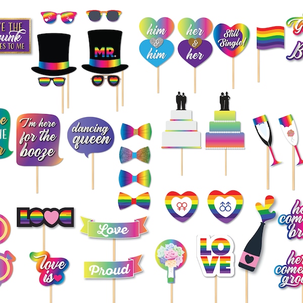 Printable Gay Pride Wedding Photo Booth Prop Set for Same Sex Couples, Instant Download Selfie Props