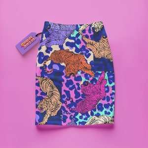 Bold Tiger Print Womens Bodycon Mini Skirt - Made in USA with 4-Way Stretch and Mid-Waist Design
