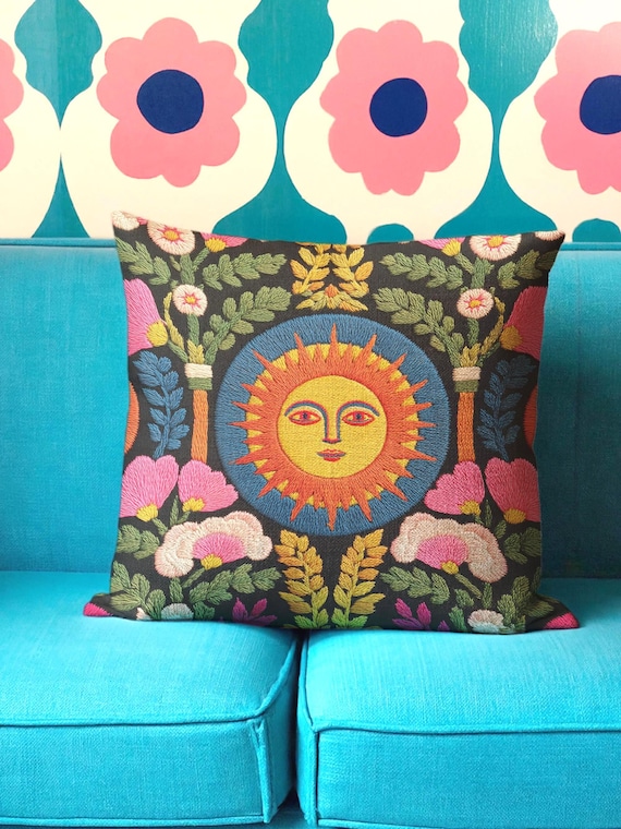 Vibrant Folk Art Sun Pillow Cover: Colorful Cushion Case for Maximalist and Boho Celestial Tarot-Inspired Home Decor