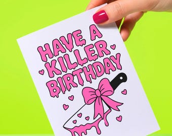 Tarjeta de cumpleaños de crimen real: saludo de cumpleaños con humor negro, espeluznante y tierno para fanáticos del terror.