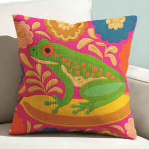Maximalist Tree Frog Throw Pillow - VibrantAmphibian Decorative Cushion for Eclectic, Colorful Decor