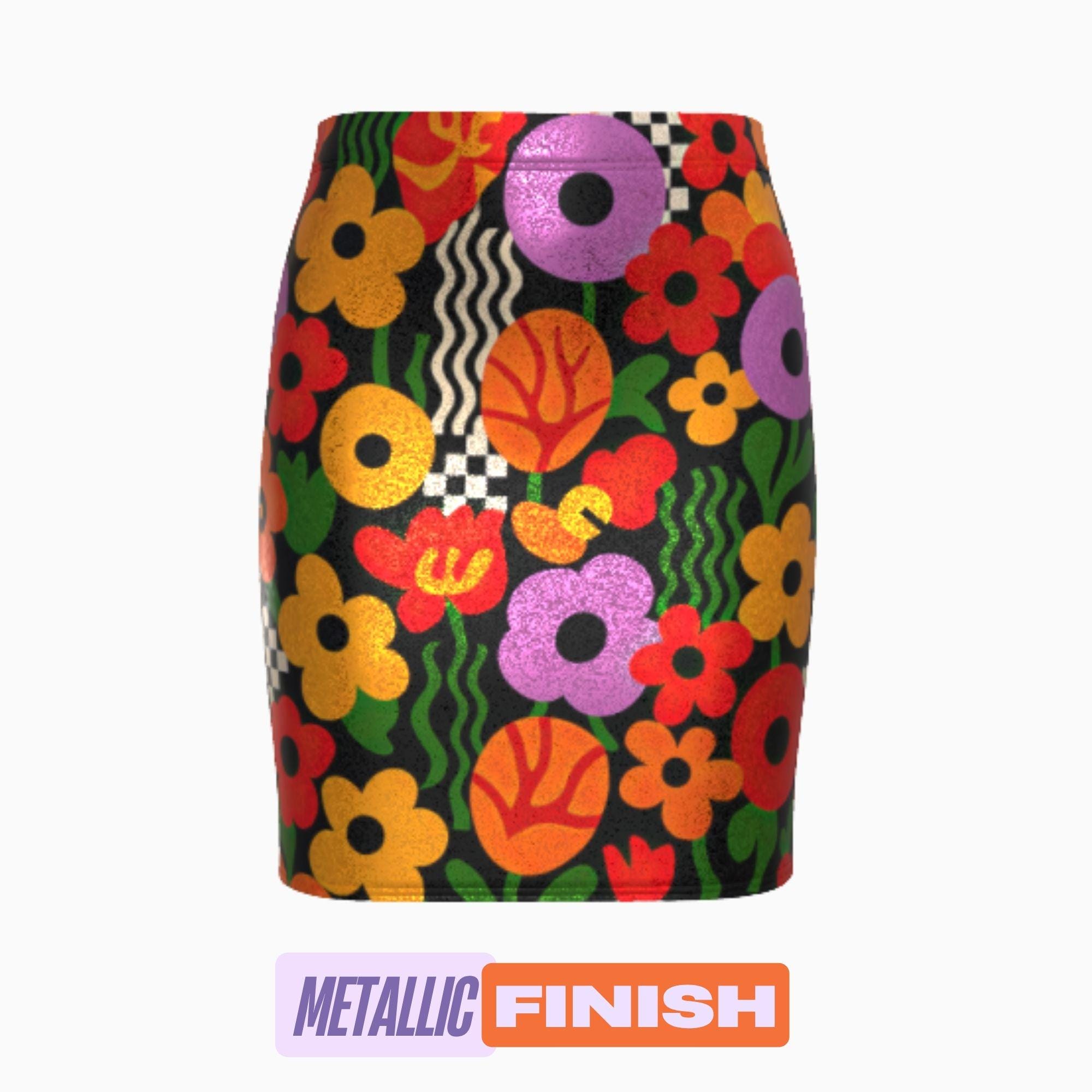 Retro Colorful Floral Mini Skirt, Maximalist 70s Festival Skirt