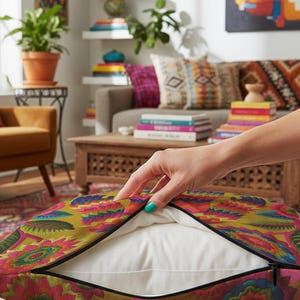 A square faux embroidery pillow featuring a brightly colored maximalist design against a mustard yellow background. In the center stands a stylized, furry Bigfoot or Sasquatch figure rendered in vibrant layers of pink, orange, blue, and lime green with a blue face and yellow eyes. The central creature is surrounded by large, detailed symmetrical pink and blue flowers and leaves. The flat printed fabric creates a highly realistic optical illusion of dimensional crewel embroidery stitches.