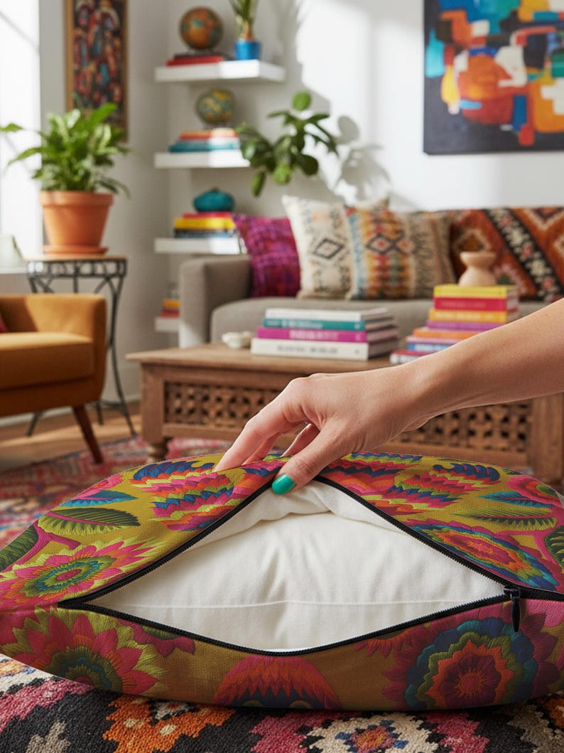 A square faux embroidery pillow featuring a brightly colored maximalist design against a mustard yellow background. In the center stands a stylized, furry Bigfoot or Sasquatch figure rendered in vibrant layers of pink, orange, blue, and lime green with a blue face and yellow eyes. The central creature is surrounded by large, detailed symmetrical pink and blue flowers and leaves. The flat printed fabric creates a highly realistic optical illusion of dimensional crewel embroidery stitches.