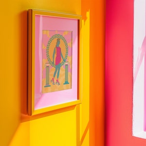 Art print of a Greek goddess on roller skates, with neon colors and Greek key patterns. Perfect for maximalist and eclectic home decor.