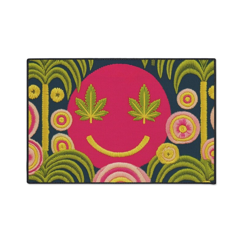 Cannabis Leaf Smiling Emoji Face Doormat, Stoner Home Decor and Welcome Mat, 420 Maximalist Rug image 7
