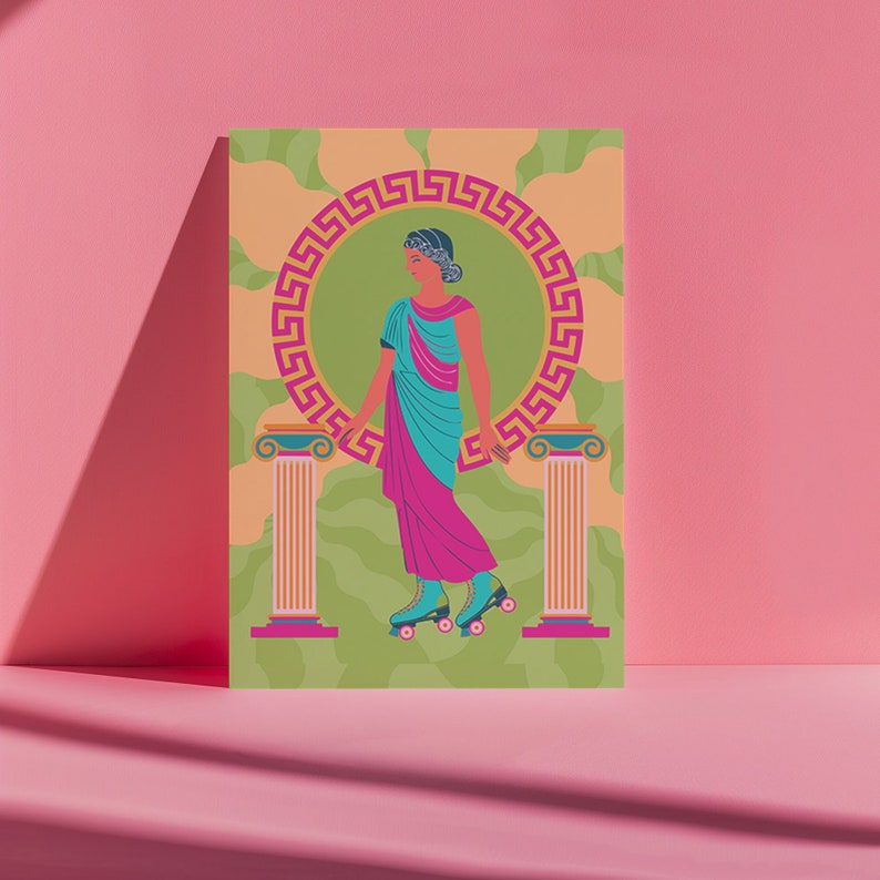 Grecian goddess in a teal toga roller skating between columns, vibrant maximalist art print in pink, orange, and green hues.
