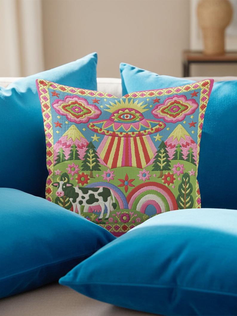 Description of a square throw pillow with a vibrant maximalist alien design. A central UFO with a large all-seeing eye hovers above a landscape with two rainbows, pink mountains, and green pine trees. A black and white spotted cow stands in the foreground. The design is a high-contrast palette of sky blue, magenta, hot pink, and meadow green. The pillow has a faux-embroidery 2D print finish on linen-feel fabric, framed by a yellow and pink scalloped floral border.