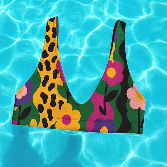 Flower Print Bikini Top for Women, Retro Crop Swim Top for Festivals & Summer Beachwear, Psychedelic Floral Bikini Top for Girls