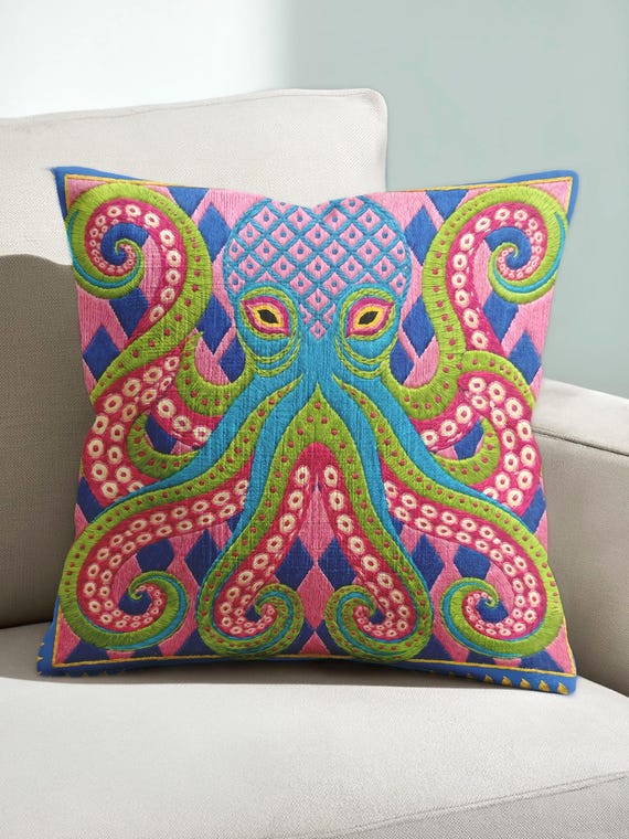 Maximalist Octopus Pillow, Funky Coastal Dopamine Decor, Bright Faux Embroidery Cushion, Quirky Room Accent