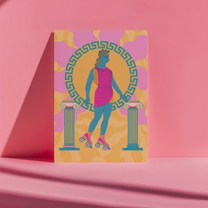Art print of a Greek goddess on roller skates, with neon colors and Greek key patterns. Perfect for maximalist and eclectic home decor.