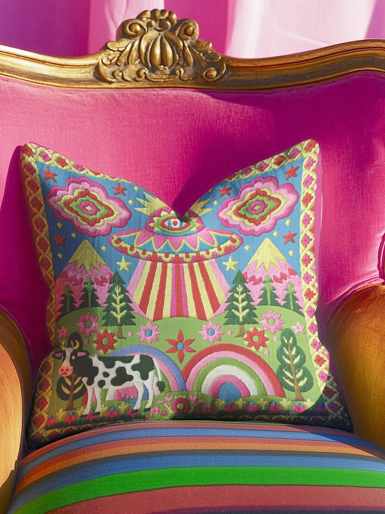 Description of a square throw pillow with a vibrant maximalist alien design. A central UFO with a large all-seeing eye hovers above a landscape with two rainbows, pink mountains, and green pine trees. A black and white spotted cow stands in the foreground. The design is a high-contrast palette of sky blue, magenta, hot pink, and meadow green. The pillow has a faux-embroidery 2D print finish on linen-feel fabric, framed by a yellow and pink scalloped floral border.