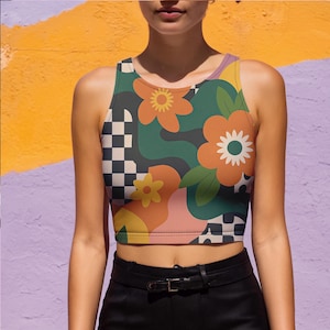 Retro Floral Crop Top: Y2K Rave Tank - Black Light Reactive