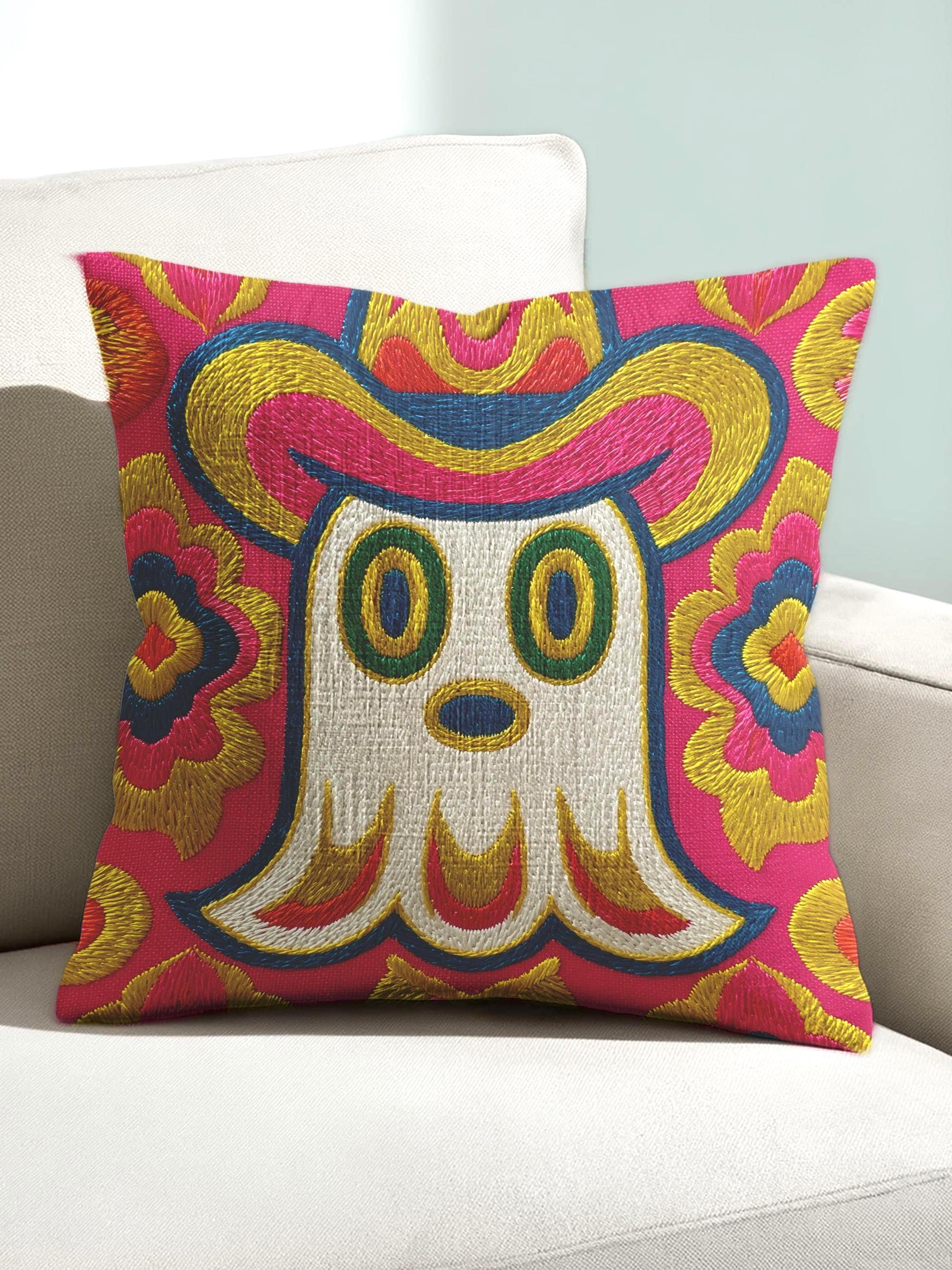 Groovy Ghost Cowboy Floral Pillow Case, Dopamine Decor Throw