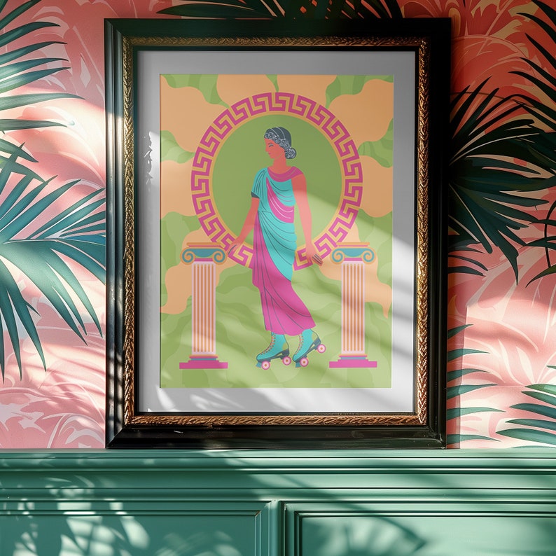 Grecian goddess in a teal toga roller skating between columns, vibrant maximalist art print in pink, orange, and green hues.