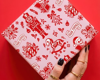 Spooky Christmas Pastel Goth Wrapping Paper - Creepy Cute Pink Skull Toys Holiday Gift Wrap