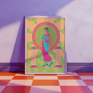 Grecian goddess in a teal toga roller skating between columns, vibrant maximalist art print in pink, orange, and green hues.