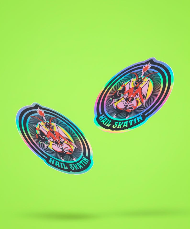 Vibrant 'Hail Skatin'' sticker featuring a colorful goat demon with roller skates, embodying a quirky mix of satanic and skate culture. Perfect for adding some edgy flair to your belongings.