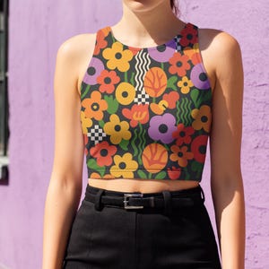 Y2K Floral Print Crop Top: 70s Psychedelic Rave Wear