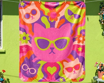 Psychedelische Trippy Cat-deken, Dopamine-decor kattendeken, funky roze kittenkamerbeddengoed, helder maximalist Weirdcore-cadeau