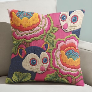Maximalist Possum Pillow, Pink 70s Retro Throw Cushion, Linen-Feel Dopamine Decor