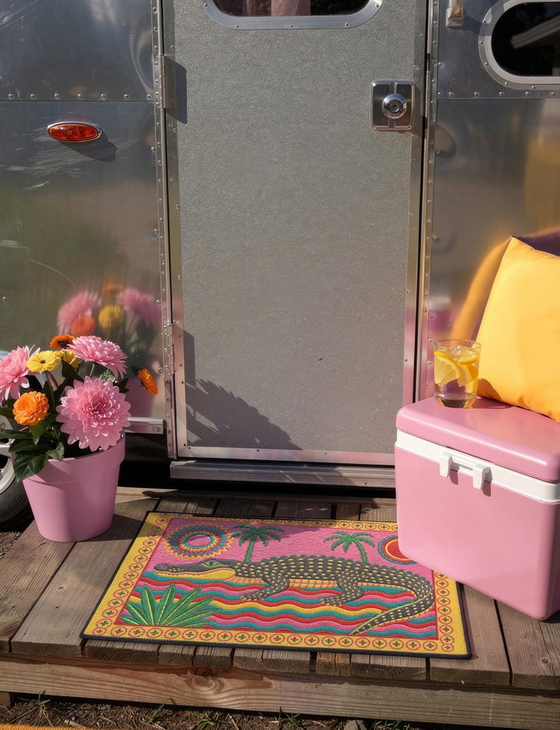 A rectangular doormat featuring a colorful 2D flat print designed to mimic raised, textured yarn embroidery. The central graphic showcases a large dark grey and yellow alligator resting in wavy water stripes of red, bright blue, and yellow. The background is hot pink, decorated with two green palm trees, a leafy green agave plant, and two stylized suns. The entire design is enclosed by a yellow border with repeating circle motifs and finished with a sleek black outer edge border trim.