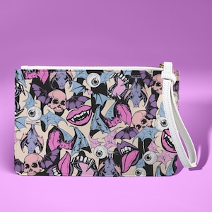 Pastel Goth Vampire Bat Vegan Leather Wristlet Clutch