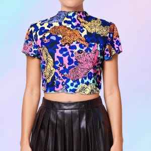 Tiger Print Top Y2K Clothing, Rave Outfit Women Maximalist Festival Clothes, Animal Print Neon Shirt, Fashion Funky Crop Top for Her