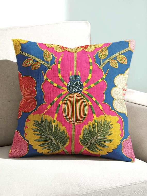 Maximalist Spider Throw Pillow - Tropical Colorful Eclectic