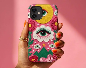 Maximalist Evil Eye iPhone Case – Faux Crochet Knit Protective Cover