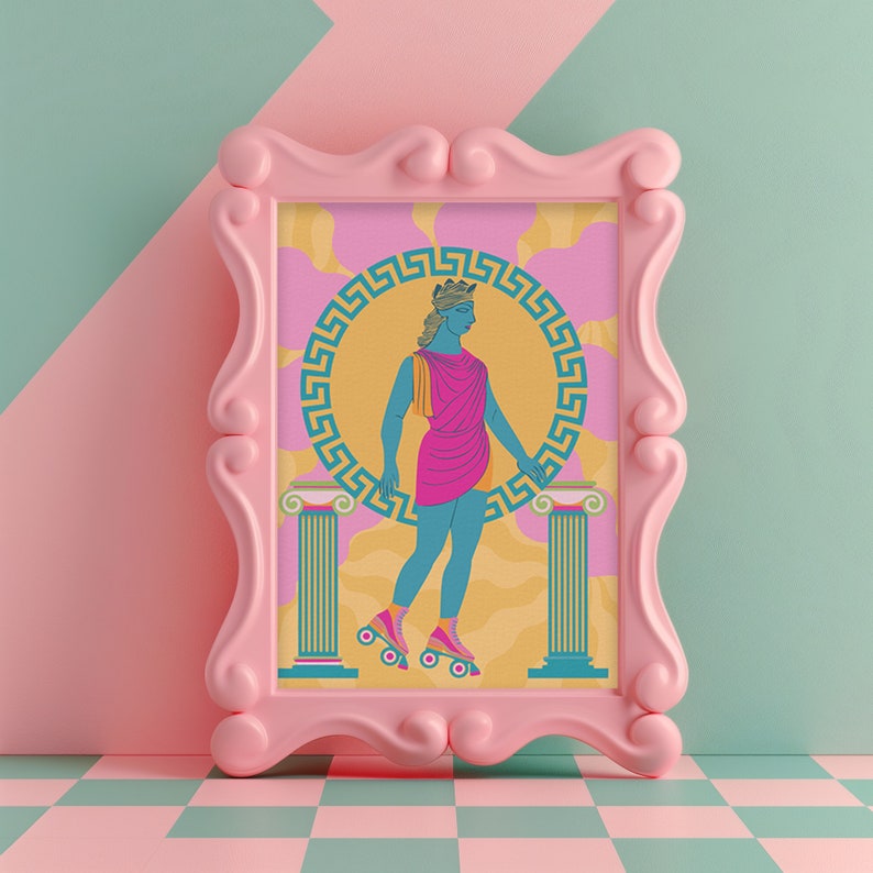 Art print of a Greek goddess on roller skates, with neon colors and Greek key patterns. Perfect for maximalist and eclectic home decor.