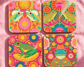 Posavasos psicodélicos de rana vaquera, juego de 4 piezas - Decoración para el hogar maximalista y psicodélica y artículos de bar con diseño de sapo