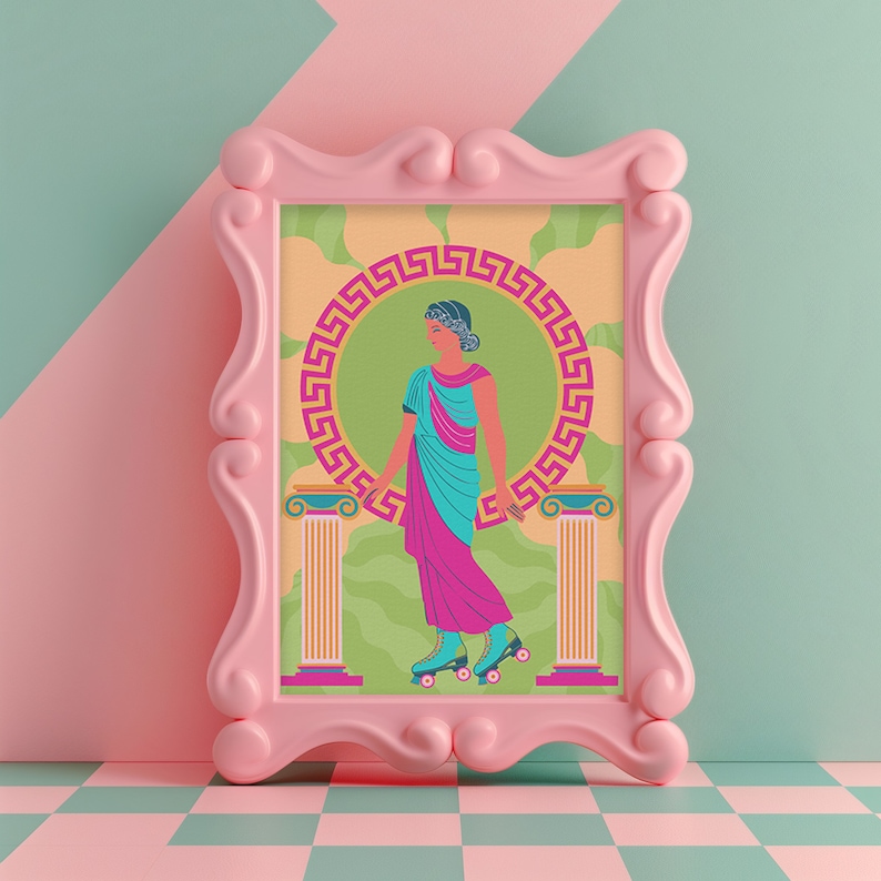Grecian goddess in a teal toga roller skating between columns, vibrant maximalist art print in pink, orange, and green hues.