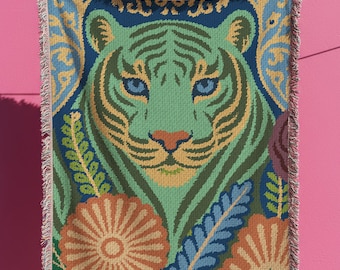 Tiger Throw Blanket Woven 70s Maximalist Decor - Colorful Animal Tapestry Couch Bed Wall Art