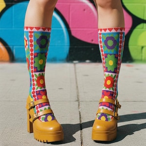 May include: Mustard yellow platform shoes with double buckle straps. The shoes are paired with knee-high socks featuring a colorful floral pattern in red, purple, green, and yellow. The background is a colorful graffiti wall.